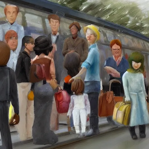 Image similar to A beautiful sculpture of a group of people waiting at a railway station. The people in the artwork are all waiting for a train that is about to arrive. Dexter's Lab by Alyssa Monks fine, calm