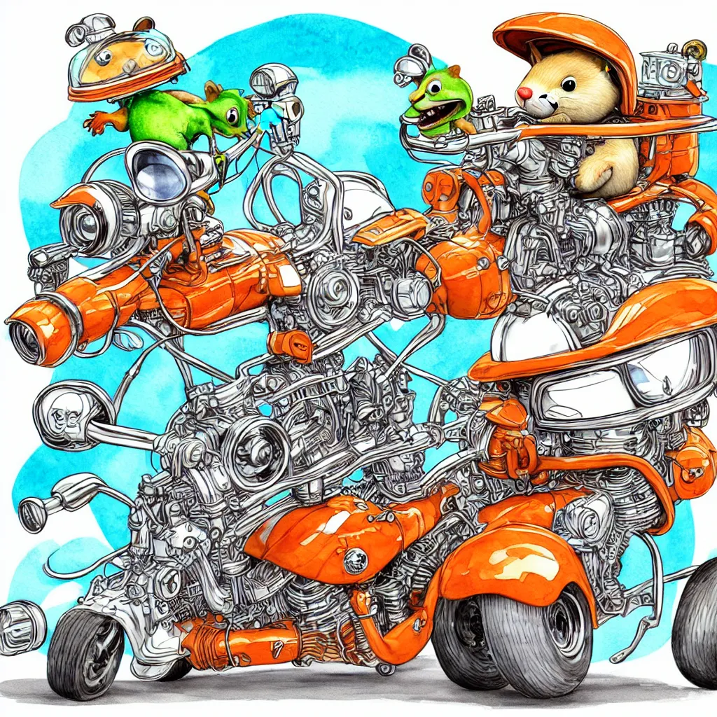 Image similar to cute and funny, squirrel wearing a helmet riding in a hot rod with oversized engine, ratfink style by ed roth, centered award winning watercolor pen illustration, isometric illustration by chihiro iwasaki, edited by range murata, tiny details by artgerm and watercolor girl, symmetrically isometrically centered, sharply focused