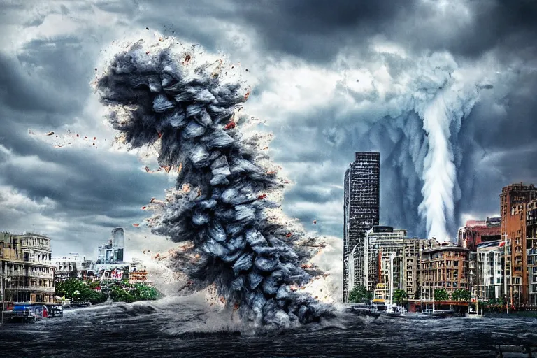 Image similar to destructive water tornado in the city, photorealistic, highly detailed, sharp focus, vivid, colorful, symmetrical, random, convoluted, mind - blowing, creative, fully functional, end of the world