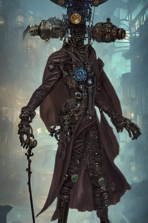 Image similar to steampunk artdeco grim reaper, hyper detailed, bioluminescent, background fortress, digital art, trending in artstation, cinematic lighting, studio quality, smooth render, unreal engine 5 rendered, octane rendered, art style by ian sprigger and cushart and archan nair, jack kirby and simon bisley, physically based rendering