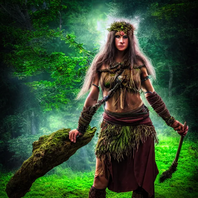 Image similar to photo of a female druid warrior with earth powers, highly detailed, 4 k, hdr, smooth, sharp focus, high resolution, award - winning photo