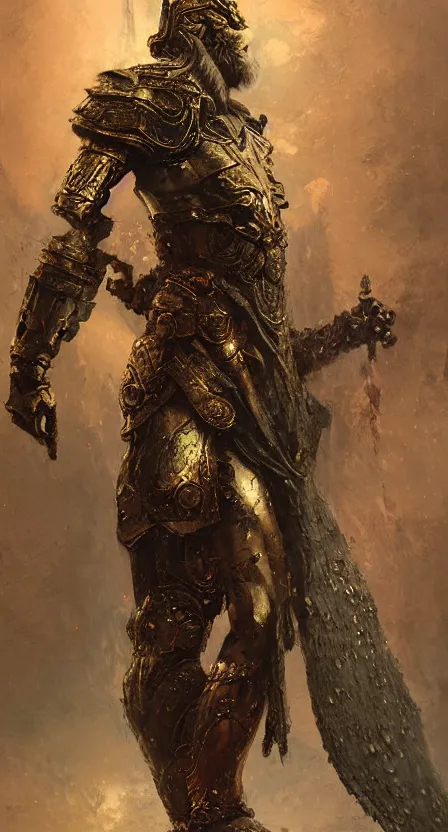 Image similar to zeus god, wearing thunder armor, greek ornamented armor, beksinski, ruan jia, weta workshop concept art