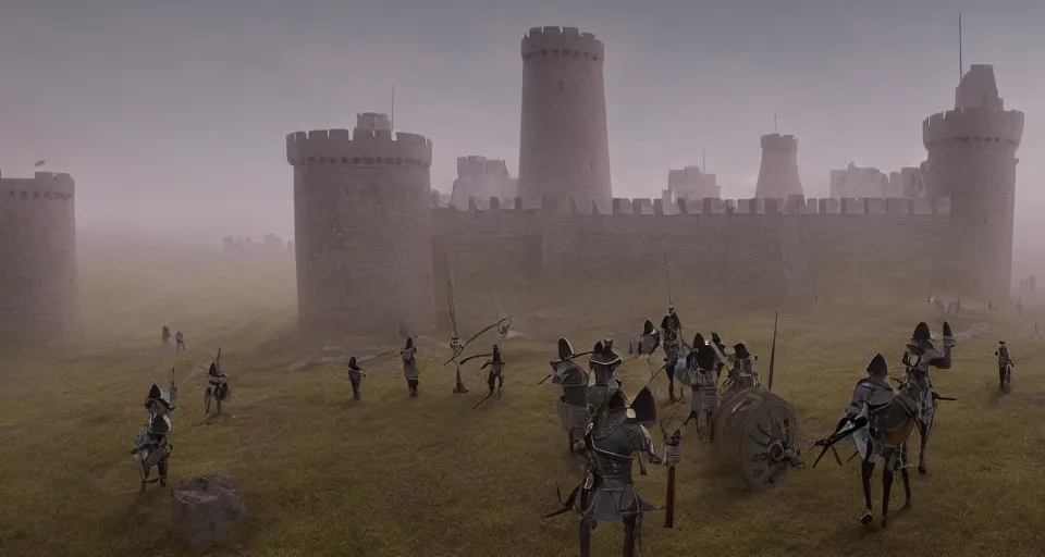 Prompt: ten medieval soldiers atop a castle wall looking at two trebuchets. it is a quiet morning. mist, epic, cinematic, volumetric lighting, symmetry, fantasy style, highly - detailed, unreal 5, realism