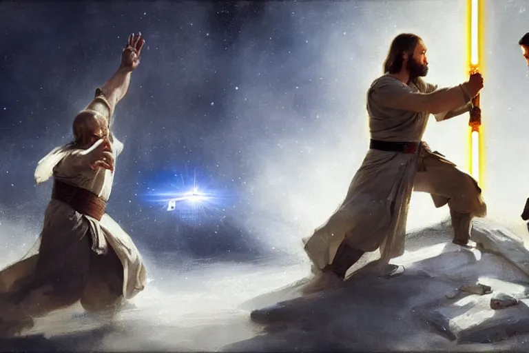 Prompt: putin and jesus christ fight with lightsabers from the star wars, fist fight, detailed faces, putin face, in battle by anders zorn, wonderful, masterpiece by greg rutkowski, beautiful cinematic light, by greg manchess, jessica rossier