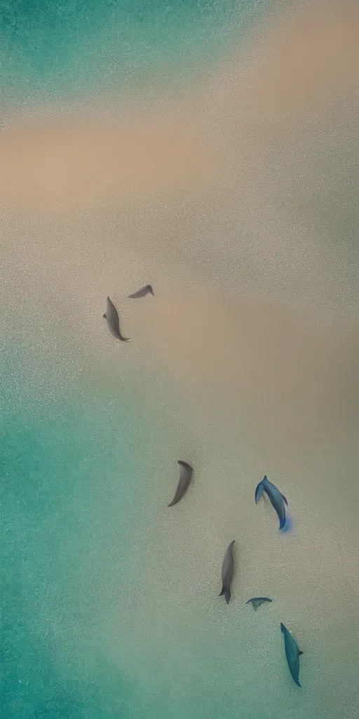 Image similar to dolphins, whales, squids, fishes lying on the dry sand bottom of the ocean, no water, only sand, beautiful light, octane render 8 k