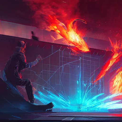 Prompt: raging flames in cyberspace, detailed digital illustration by greg rutkowski, android netrunner