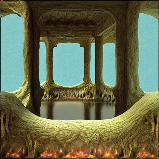 Image similar to uncanny otherworldly lake settee portico, by camille - pierre pambu bodo and h. p. lovecraft, tilt shift, detailed painting