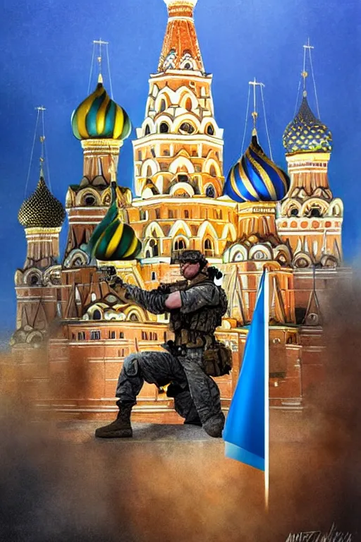 Image similar to special forces soldier raising ukrainian blue and yellow flag, kremlin st. basil cathedral in the background, masculine figure, d & d, fantasy, bright atmosphere, volumetric lights, intricate, elegant, extremely detailed, digital painting, artstation, concept art, matte, smooth, sharp focus, hyper realistic, illustration, art by artgerm and greg rutkowski and alphonse mucha