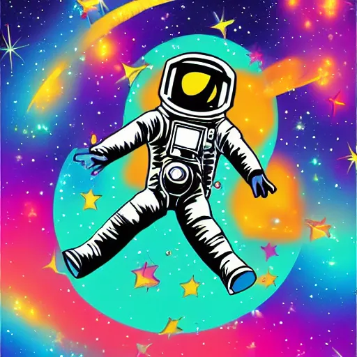 Image similar to Medium shot of an astronaut floating in space designed by Lisa Frank, digital art, cartoon art, acrylic, bokeh, synthwave, retro,