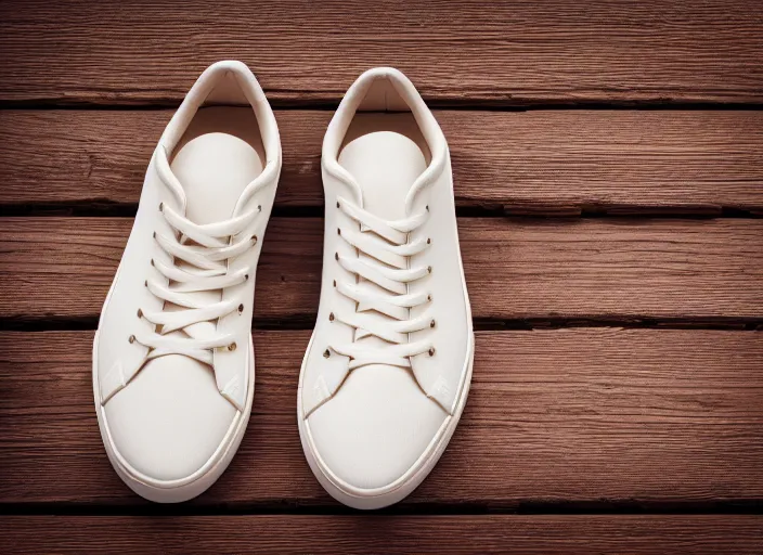 Image similar to clear highly detailed photorealistic topdown mockup product photograph of a realistic pair of sneakers on a wooden background