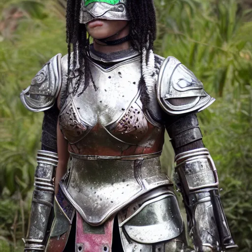 Prompt: full shot photo of a female warrior with malachite armor