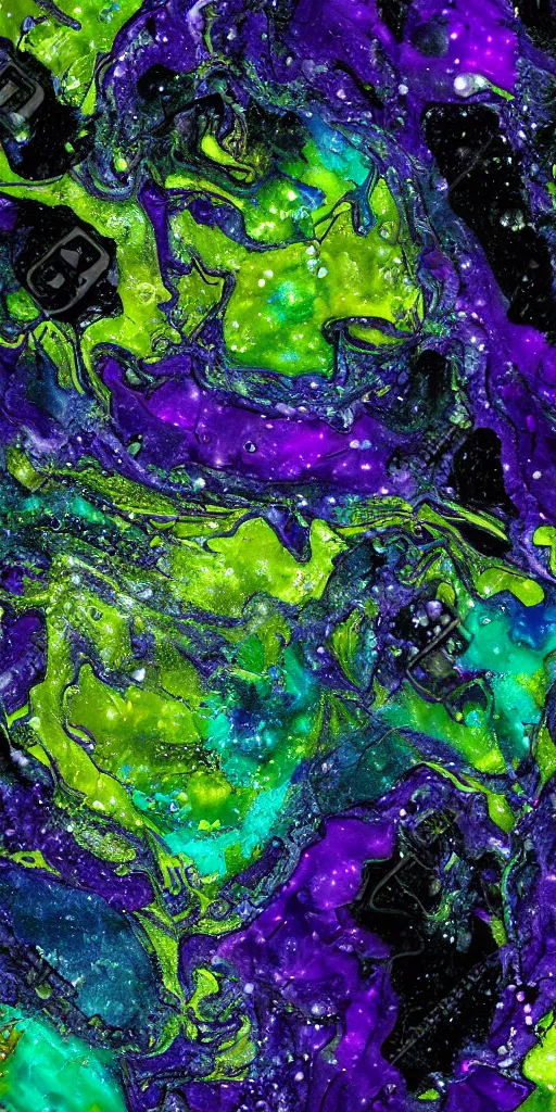 Prompt: beautiful liquid marble texture with big oil bubbles. harmonic chromatic black tones coloured abstraction with purple splashes. ultradetailed realistic art