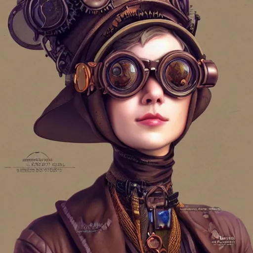 Image similar to Three quarters portrait of a steampunk grannie, poofy hat, goggles, highly detailed, digital painting, art by Stanley Lau and Artgerm and magali villeneuve and Alphonse Mucha, artstation, octane render, cgsociety