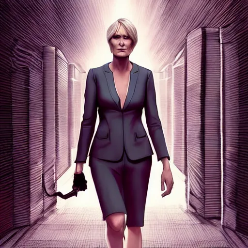 Image similar to House of cards actress Claire Underwood in a cyberpunk suit, walking alone in an empty futuristic city road, artstation, digital art, trending, 8k