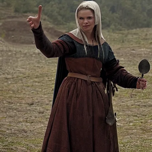 Image similar to scene from a 2 0 1 0 film set in medieval scandinavia showing a woman giving the v sign