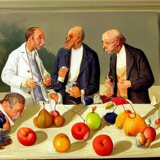 Prompt: painting of scientists comparing different kinds of fruit,