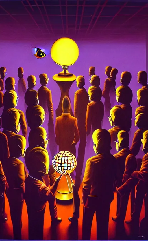 Prompt: a hyperrealistic painting of the shadow elite controlling society behind the scenes, faceless suits standing around a glowing globe in centre of room with checkered floor tiles, cinematic horror by the art of skinner, chris cunningham, lisa frank, richard corben, highly detailed, vivid color,