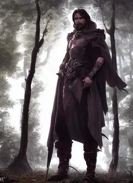 Image similar to A fantasy comic book style portrait painting of Christian Bale as a mage in a stunning forest landscape, unreal 5, DAZ, hyperrealistic, octane render, RPG portrait, dynamic lighting