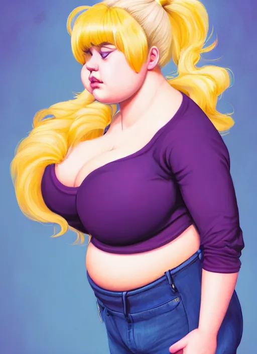 Image similar to full body teenage betty cooper, blonde hair, obese, bangs, ponytail, sultry, realistic, sultry smirk, ponytail, fluffy bangs, curly bangs, fat, belly, beautiful girl, intricate, elegant, highly detailed, digital painting, artstation, concept art, smooth, sharp focus, illustration, art by wlop, mars ravelo and greg rutkowski