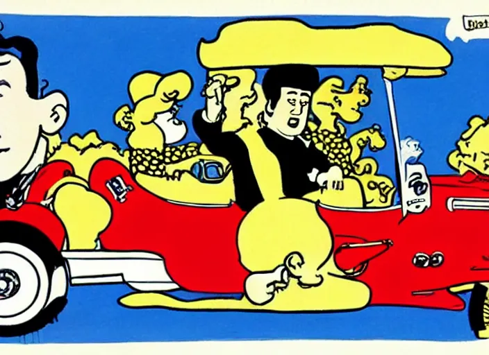 Image similar to Elvis presley driving a car , highly detailed, by Hergé, By Franquin, By Uderzo, By Willy vandersteen, by sergio aragones, by Hein de kort