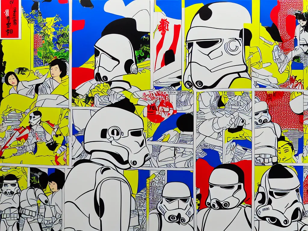 Prompt: hyperrealism composition of the japanese home with a garden, detailed stormtrooper in hot springs, pop - art style, jacky tsai style, andy warhol style, roy lichtenstein style, acrylic on canvas