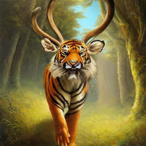 Image similar to tiger - deer creature, oil painting by justin gerard