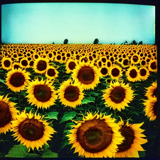 Prompt: glitched polaroid of a field of sunflowers, saturated, expired film stock