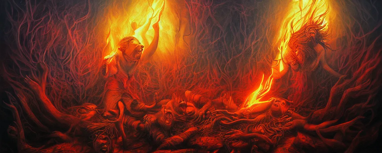 Image similar to wild emotion and thought creatures repressed in the depths unconscious of the psyche lead by baba yaga, about to rip through and escape in a extraordinary revolution, dramatic fire glow lighting, surreal painting by ronny khalil