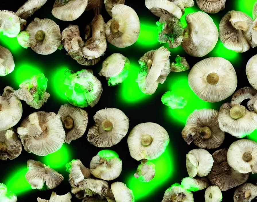 Image similar to a bunch of glowing green mushrooms, black background