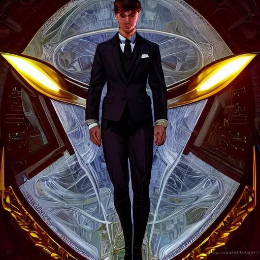 Prompt: character concept, wide angle, full body, symmetrical head - on centralized, young man with formal black suit. detailed, high quality, dynamic lightning, fantasy, scenematic. artwork by artgerm, wlop, alex ross, greg rutknowski, alphonse mucha