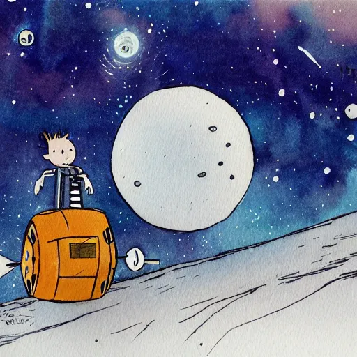 Prompt: interstellar travel, calvin & hobbes, incredible stars, watercolor, thick lines, 8 k, trending on artstation