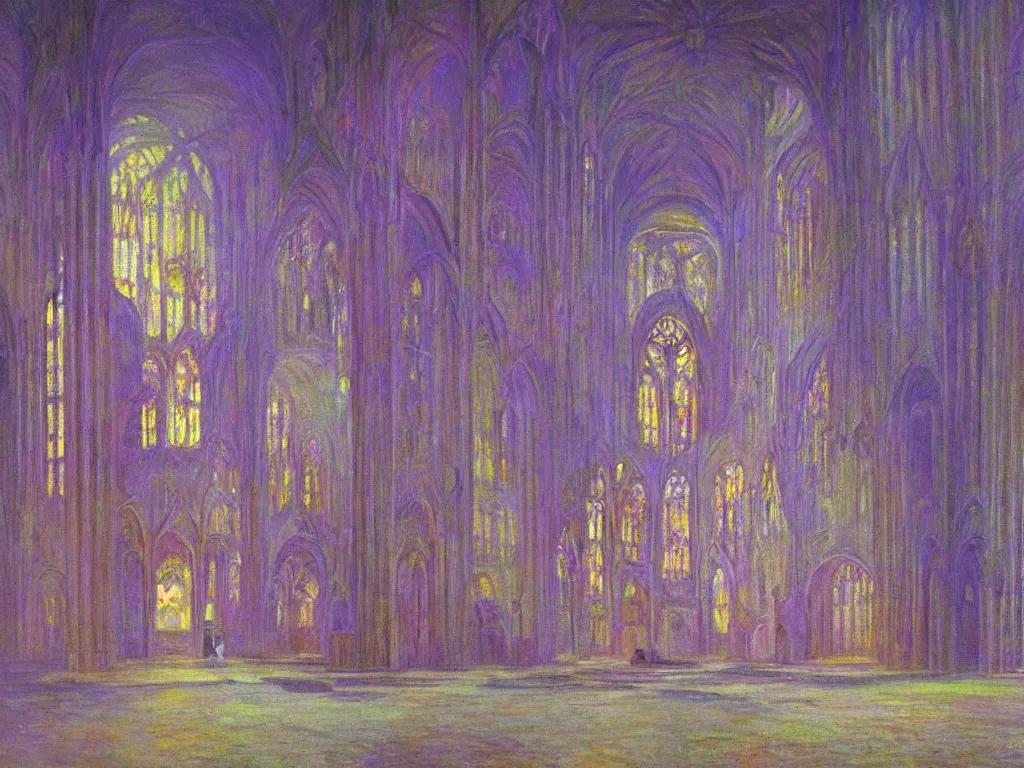 Image similar to gothic deserted cathedral with dream bot mothership psychedelia. monet, matisse, wayne barlowe, agnes pelton, rene magritte