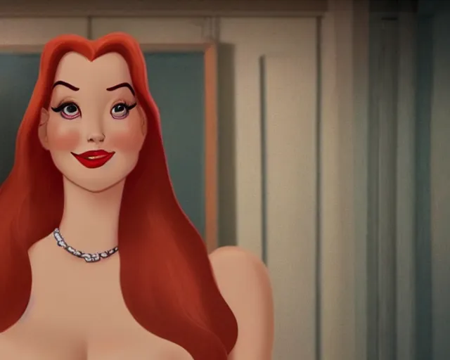 Prompt: film still, real human young woman, Jessica Rabbit as a real human young woman, from She's So Interesting (2017)