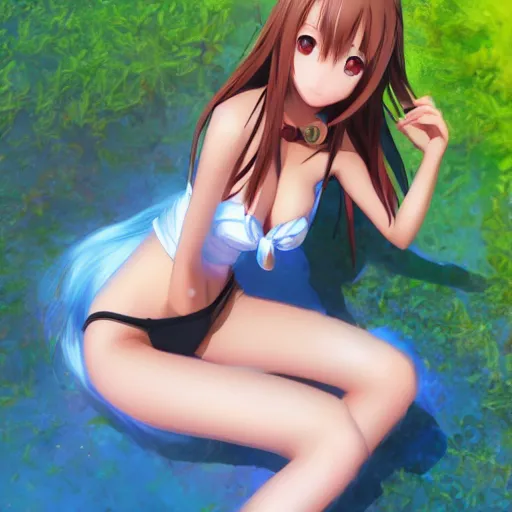Prompt: seen from above : a giant macro very beautiful young yuuki asuna, full body, long wavy hair, sky blue eyes, full round face, bikini, miniskirt, laying on a miniature crowd, cinematic wallpaper by stanley artgerm lau