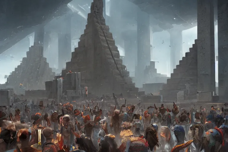 Prompt: brutalist Aztec architecture, crowds at the sacrifice, Jessica Rossier and andreas rocha