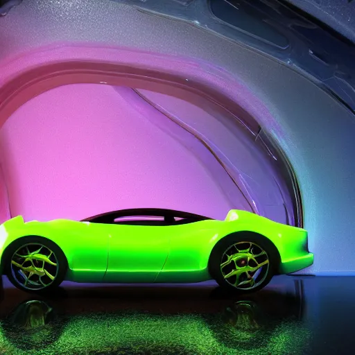 Image similar to a fancy alien sports car abandoned on magical biome, luminescent, neon, unreal render, unreal engine 5, octane render, enchanted plants, cinematic, intricate, ornate, photorealistic, ultra detailed, realistic, 1 0 0 mm, photography, octane, high definition, depth of field, bokeh, 8 k, behance, trending on artstation