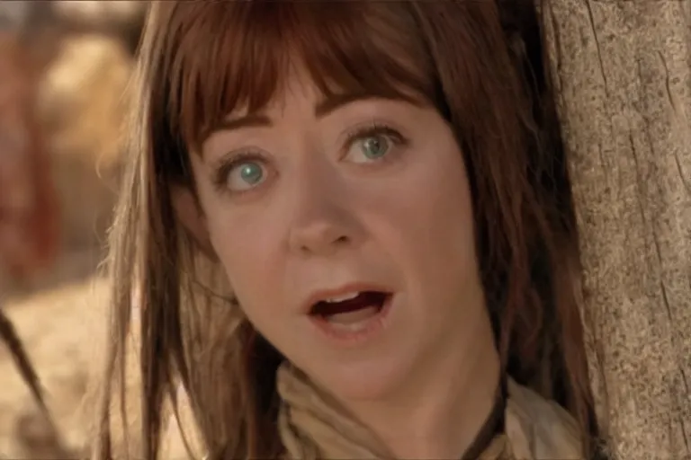 Image similar to screenshot from western movie, with young alyson hannigan