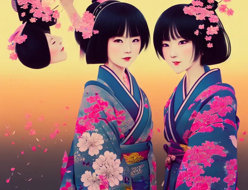 Image similar to two beautiful charming japan girls wear arty kimono in festival | | sunny night, full moon, dreamlike art, realistic shaded, smile, good looking, hyper details, 4 k realistic, cryengine, realistic shaded lighting poster by ilya kuvshinov, fuji choko, ross tran, 8 k resolution, trending on artstation, luxury