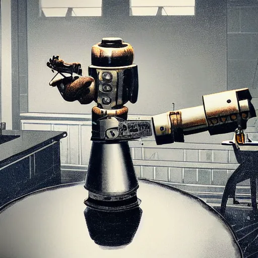 Prompt: the robot mr. assistant codsword holds a faceted glass of milk in one of the manipulators, realism, reflections, metal body, in the kitchen, in the style of fallout 4,