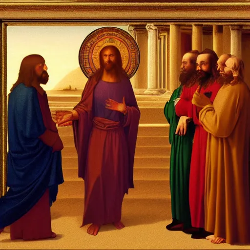 Image similar to jesus christ preaching to vladmir putin, photorealistic frame hanging on the wall, ultra-realistic in the colourful style of leonardo da vinci artstation hd oil painting and edward hooper, renaissance painting