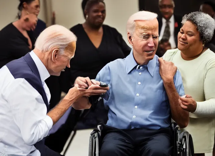 Prompt: Biden in a wheelchair getting spoon-fed by obese black woman, nursing home, award winning cinematic photography, 50 mm, blurred background, trending on twitter