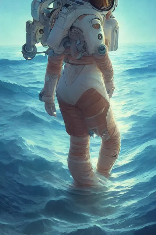 Image similar to astronautlost in the ocean, space themed, highly detailed, digital painting, artstation, concept art, smooth, sharp focus, illustration, art by artgerm and greg rutkowski and alphonse mucha