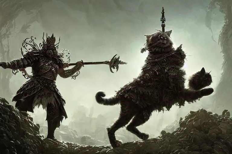 Image similar to a muscular tunesian man wearing shrubbery armor fighting a fluffy cat king with a crown and a scepter and cape, fantasy, digital painting, volumetric light, intricate, sharp, focus, bloom, illustration, highly detailed, concept art, matte, ruan jia, randy vargas, greg rutkowski