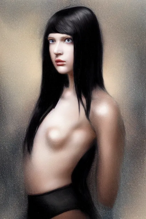 Image similar to portrait of teenage girl with glossy black hair, blue eyes, glowing porcelain skin, fashion model features, dar!dream portrait of teenage girl with glossy black hair, blue eyes, glowing porcelain skin, fashion model features, dark academia, intricate, elegant, highly detailed, digital painting, artstation, concept art, smooth, sharp focus, illustration, art by Krenz Cushart and Artem Demura and alphonse mucha