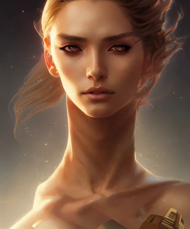 Image similar to futuristic young woman portrait, sci-fi, amber eyes, face, long hair, fantasy, intricate, elegant, highly detailed, digital painting, artstation, concept art, smooth, sharp focus, illustration, art by artgerm and greg rutkowski and alphonse mucha