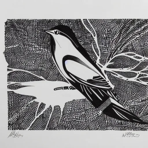 Image similar to bird illustration, Matt adrian, black ink on white paper, high definition 4k