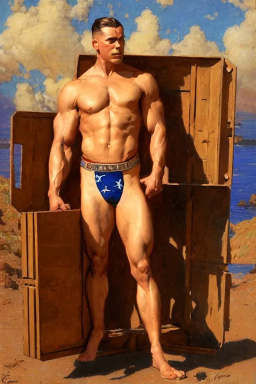 Prompt: muscular marine man inspecting a wooden crate painting by gaston bussiere, craig mullins, j. c. leyendecker, tom of finland