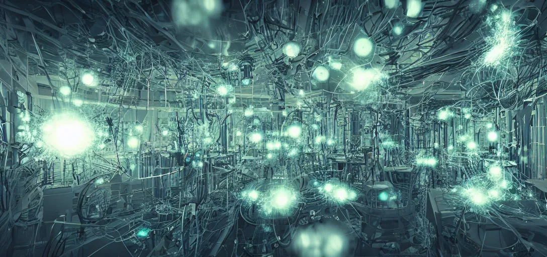 Image similar to biopunk laboratory, flying particles, 8k digital art, trending