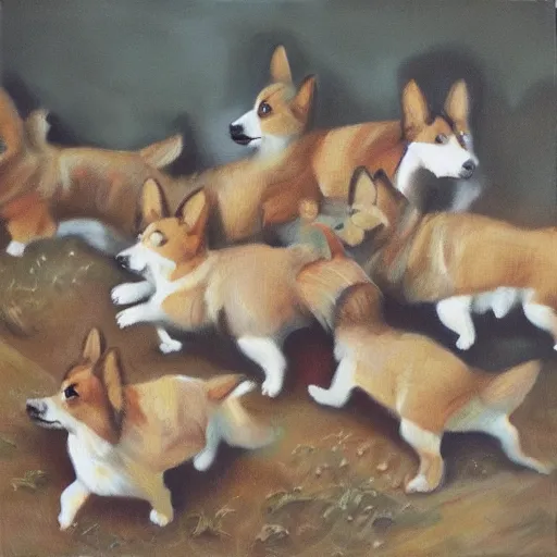 Prompt: “ corgi stampede on the frontier, oil painting ”