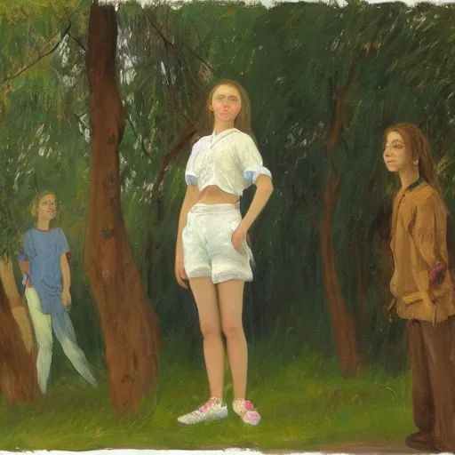 Prompt: a beautiful painting of a thin girl with long curly blond hair. she is wearing a black shirt and white shorts with white shoes. she is standing facing away from us talking to a group of her friends. they are all standing in front of a tree. in style of ilya repin, trending on artstation